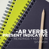 -AR verbs, present indicative - grammar notes with Spanish reading & activity