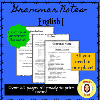 Preview of Grammar Notes- English I/ Covers Standards/ Ready to Print