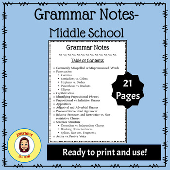 Preview of Grammar Notes- Middle School/Ready to Print/Covers Standards