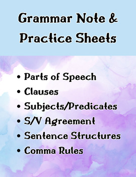 Preview of ELA 6-12Grammar Notes & Practice, Parts of Speech, SV Agreement, Clauses, Commas