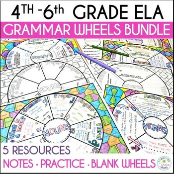 Preview of Grammar Review Packet Notes, Practice for Middle School ELA Wheels, Nouns, Verbs
