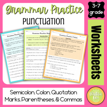 Preview of Grammar Practice + FREE Posters - Commas Quotes Semicolons Colons Parentheses