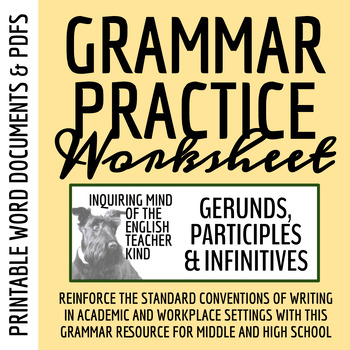 Preview of High School Grammar Practice Worksheet on Gerunds, Participles, and Infinitives
