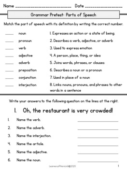 Preview of Parts of Speech Grammar Pretest Practice Worksheets