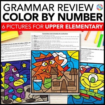 Preview of Grammar Worksheets Practice Review 4th 5th 6th Grade Color by Number Activities
