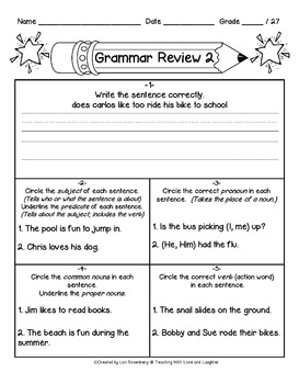 Grammar Review Sheets Lessons 1-5 by Teaching With Love and Laughter