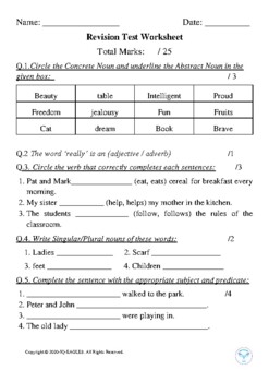 Preview of Grammar Revision Test for grade 4