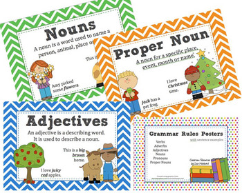 grammar rules posters with word examples noun verb adjective etc