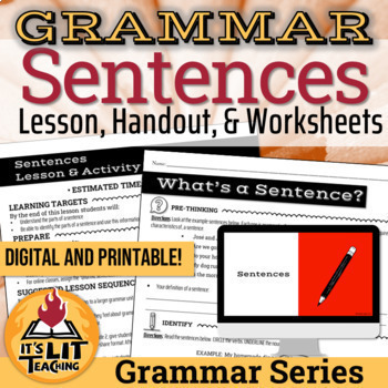Preview of Grammar: Sentences Lesson, Handout, and Worksheets