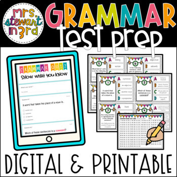 Preview of Grammar Skills Test Prep Review Google Forms™ quiz + printable task cards