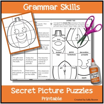 Preview of Grammar Skills Worksheets Secret Picture Puzzles Halloween
