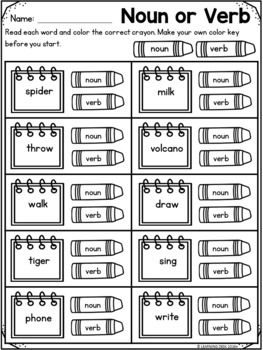 grammar worksheets noun verb adjective sort by learning