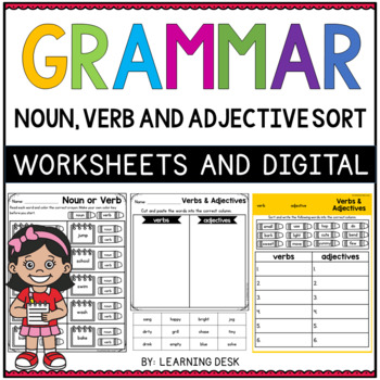 Preview of Grammar Parts of Speech Worksheets Google Noun Verb Adjective First Second Grade