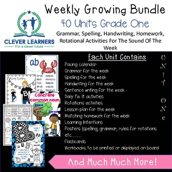 Preview of Grammar, Spelling, Handwriting, Sentence Work Weekly English Growing Bundle Gr 1