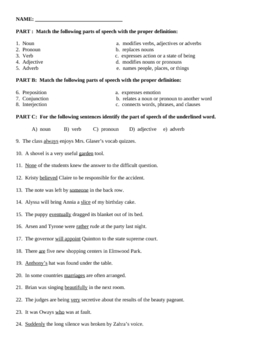 grammar test parts of speech phrases clauses sv