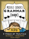 Grammar (USAGE) - 8 Middle Grades Printables for Quizzes, 