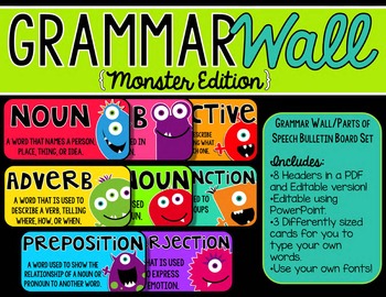 grammar wall bulletin board set editable monsters edition tpt