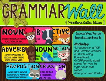 Preview of Grammar Wall Bulletin Board Set -Editable {Woodland Critters Edition}