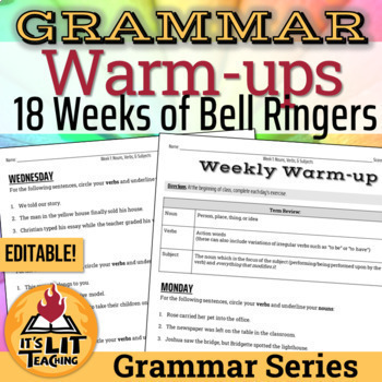 Preview of Grammar Warm-ups: 18 Weeks of High School Grammar Bell Ringers | Editable