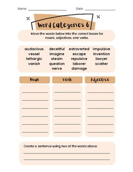 Preview of Grammar Worksheet (6-8): Word Categories
