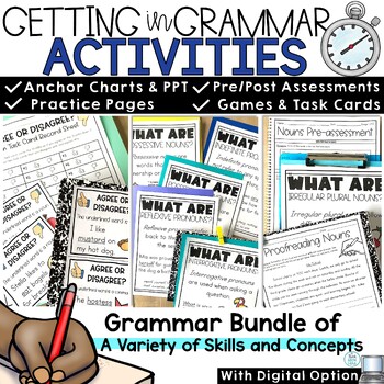 Preview of Grammar Review 3rd 4th Grade Practice Packet Game Task Cards Anchor Charts Slide