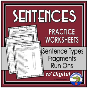 Preview of Grammar Worksheets - Fragments, Run-ons, Types of Sentences with Easel Activity