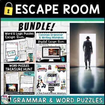 Preview of Grammar and Word Puzzle Escape Room Bundle - Word Games & Fun Grammar Review