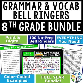 Preview of Grammar Vocabulary Mechanics Sentence Structure Bell Ringer  8th Grade Full Year