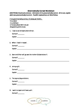 Preview of Grammatically Correct Worksheet: Subject/Predicate/Clauses/Verb Tense