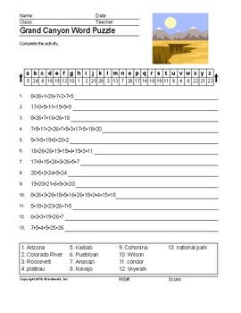 Grand Canyon Word Search and Word Puzzle Worksheet Printables by Lesson