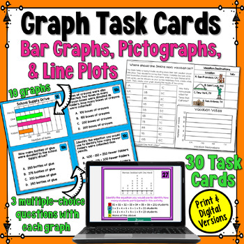 Preview of Graphing Task Cards: Scaled Picture & Bar Graphs, Line Plots 3rd Grade Practice