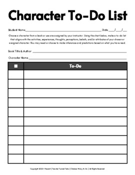 Graphic Organizer To-Do List for a Character from a Novel | TpT