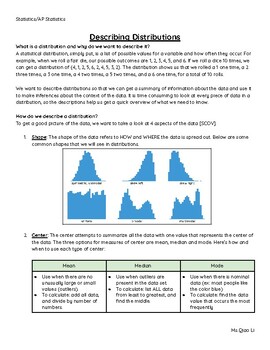 Preview of Graphic Organizer and Info Sheet for Describing Distributions: AP Statistics