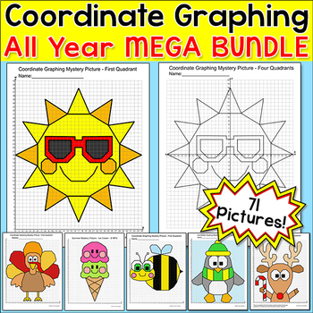 Preview of Coordinate Graphing Pictures All Year Bundle: Winter, Summer, Fall & Spring Math