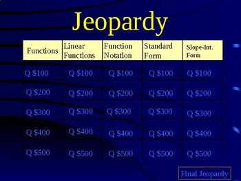 Preview of Graphing Function and Linear Equations Review Jeopardy