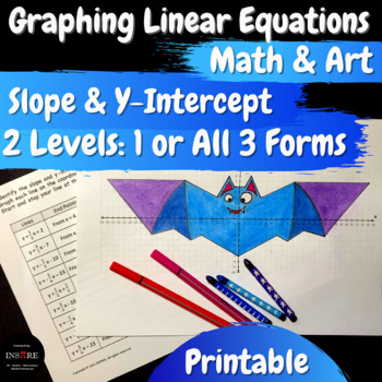 Preview of Graphing Linear Equations Bat Halloween Math & Art Activity Slope & Y Intercept