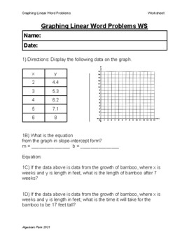 Preview of Graphing Lines Applied Problems Worksheet (Word problems, Slope-intercept)
