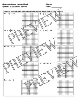 Preview of Graphing Linear Inequalities & Systems of Equations Review Worksheet