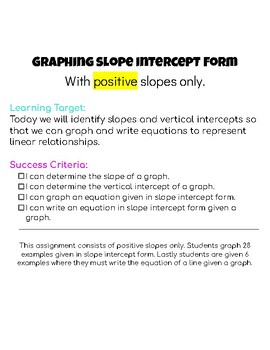 Preview of Graphing Lines, Slope Intercept Form (Positive Slopes ONLY)