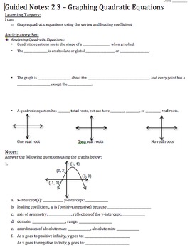 Graphing Quadratic Equations In Vertex Form Notes