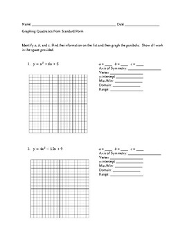 Preview of Graphing Quadratics Standard Form HW/Quiz with Answer Key