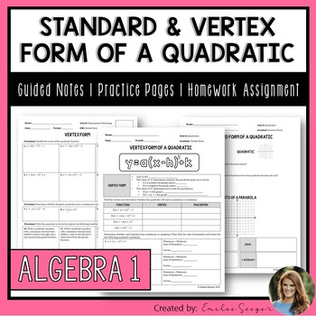 Preview of Standard & Vertex Form of Quadratics - Guided Notes | Practice | Homework