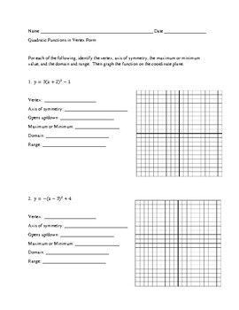 Preview of Graphing Quadratics in Vertex Form HW/Practice with Answer Key