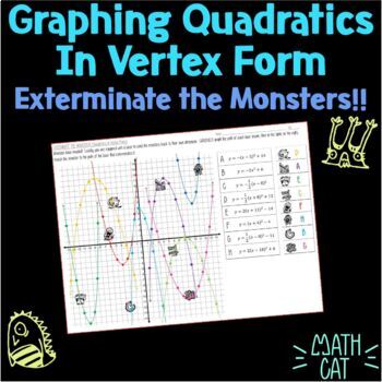 Preview of Graphing Quadratics (parabolas) in Vertex Form- Fun Monsters Graphing Worksheet!