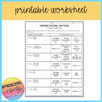 Graphing Rational Functions 2 Truths & A Lie Activity & Printable WS