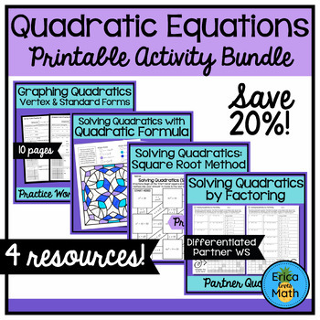 Preview of Graphing & Solving Quadratic Equations Printable Worksheets & Activities Bundle