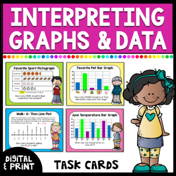 Preview of Graphing Task Cards Print & Google Classroom Bar Graphs, Pictographs, Line Plots
