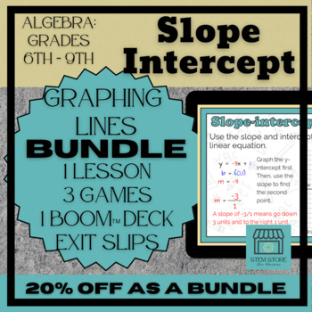 Preview of Graphing w/Evaluation & Slope Intercept Lesson, Games, Boom Cards (no prep)