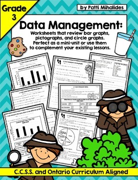 Preview of Graphing/Data Management Third Grade Worksheets (bar, circle, pictographs)