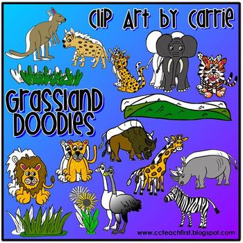 Preview of Grassland Habitat Doodles digital clip art (BW and color PNG files)